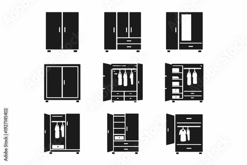 Set of nine black wardrobe icons with hanging clothes and mirrors