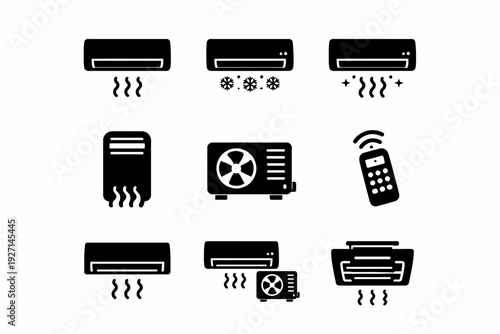 Air conditioning icons: heating, cooling, airflow, remote, outdoor unit, dehumidifier