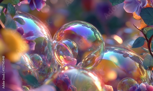 A bunch of colorful bubbles in a field of flowers