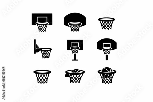 Different styles of basketball hoops and backboards in black icons