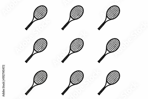Pattern of nine black tennis rackets on white background