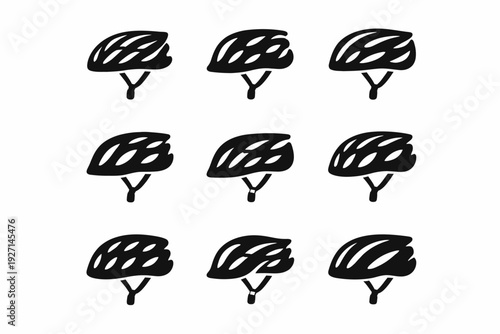 Set of nine black bike helmets in vector art style