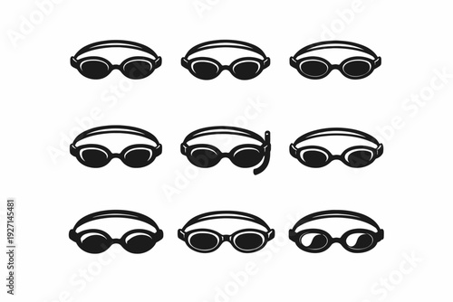 Collection of black swimming goggles with snorkel for water sports enthusiasts