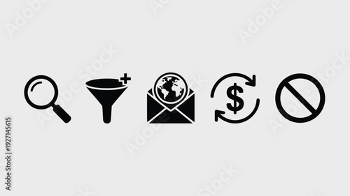 Minimalist vector illustration of magnifying glass, funnel, and envelope icons in flat design