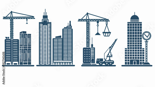 Silhouetted illustration showing various skyscrapers, construction cranes, and building elements in a flat style