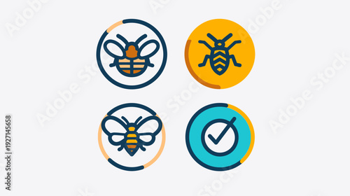 Four circular vector illustrations, featuring insect and checkmark icons, against a white background