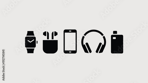 Minimalist vector illustration of smartwatch, wireless earbuds, and smartphone vector illustration