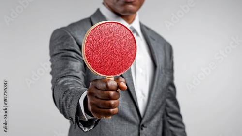 Businessman Holding Red Table Tennis Paddle or Signal Disc in Front of Camera