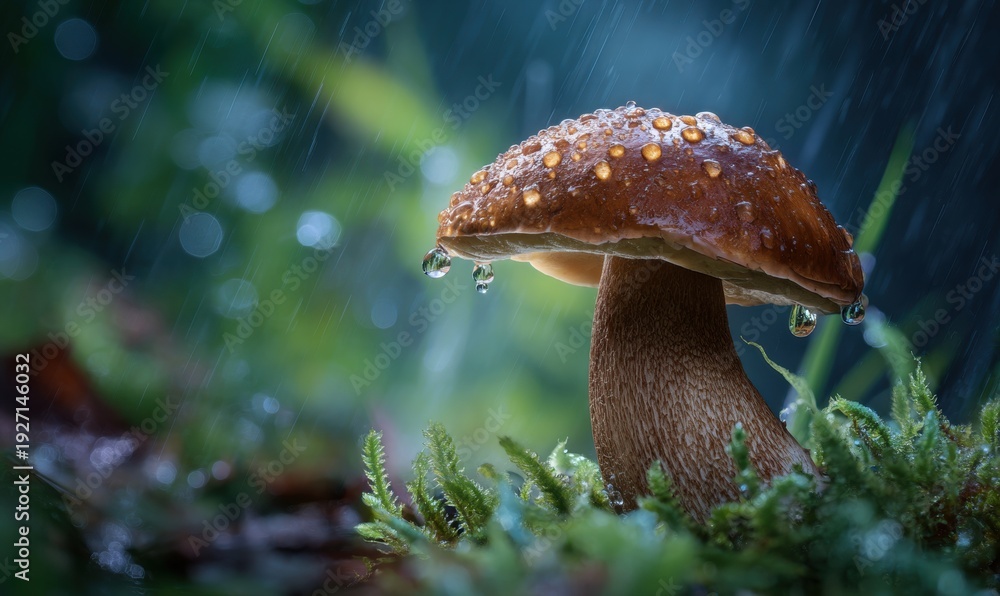Fototapeta premium A mushroom is sitting on a wet leaf