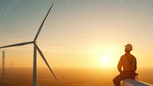 Wind Turbine at Sunrise with Technician Observing Renewable Energy Landscape