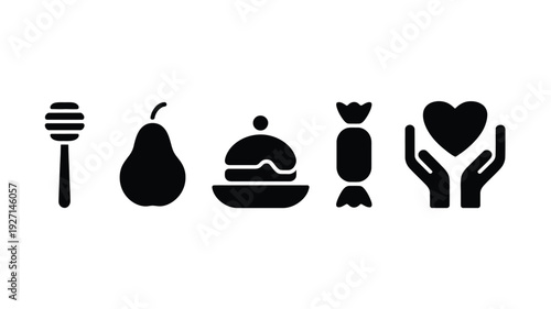 Minimalist vector illustration of honey dipper, pear, and burger on white background, flat design
