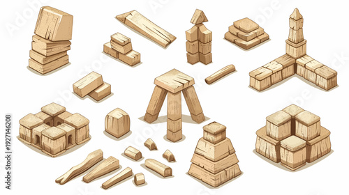 Isometric stylized illustration features an array of ancient stone building blocks and architectural elements