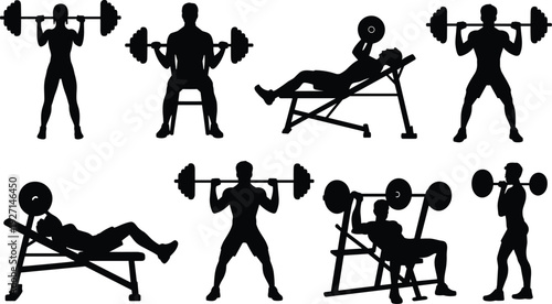 Barbell exercise silhouettes, strength training, gym workout, squat, bench press, incline press, overhead press, fitness illustration, bodybuilding artwork, vector design