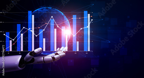 Foto A futuristic robot hand displays vibrant bar graphs against a glowing globe, illustrating advanced data analytics and technology insights in a modern digital setting