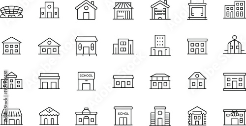 Architecture and building icons set, stadiums, houses, schools, offices, shops, urban planning, diverse structures, cityscape illustration
