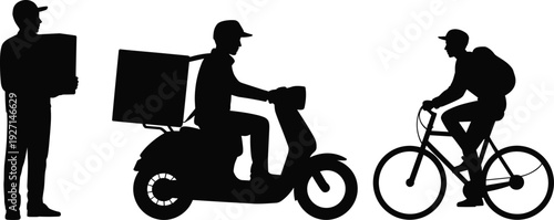 delivery, courier, worker, rider, bicycle, scooter, package, logistics, transport, shipping, silhouette, urban, distribution, service, cargo