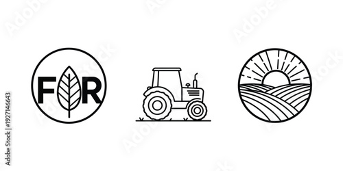 Farm tractor and agricultural icons  farm equipment and leaf logo  rural landscape with sun