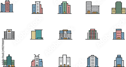Colorful architecture building illustrations set, skyscrapers, residential apartments, office towers, urban planning, commercial structures, design diversity, cityscape icons