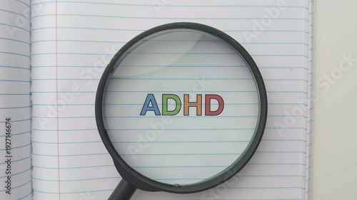 A magnifying glass focusing on the acronym ADHD written in colorful letters on a lined notebook page, symbolizing the diagnosis and study of attention deficit hyperactivity disorder. Close up.