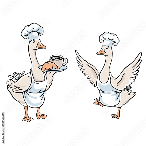 Two funny chef geese in aprons and hats. One goose carries coffee and a croissant on a tray, the other is dancing. Hand-drawn vector illustration for bakery, cafe menu, or kitchen design.