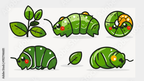 Adorable green cartoon caterpillars and leaves in various stages. The illustration is playful and charming