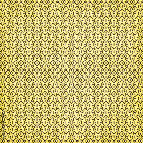 Yellow hexagon seamless pattern with small keyhole motif. Retro geometric honeycomb background, ideal for fabric, wallpaper and decorative surfaces.