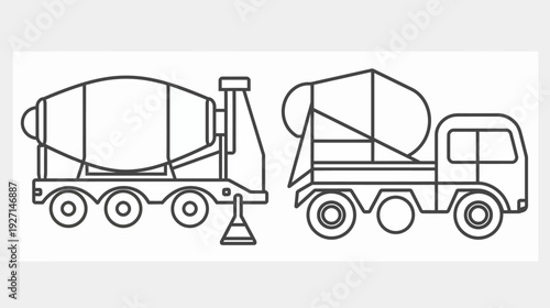 Outlined illustration of two concrete mixing trucks, with different styles and details