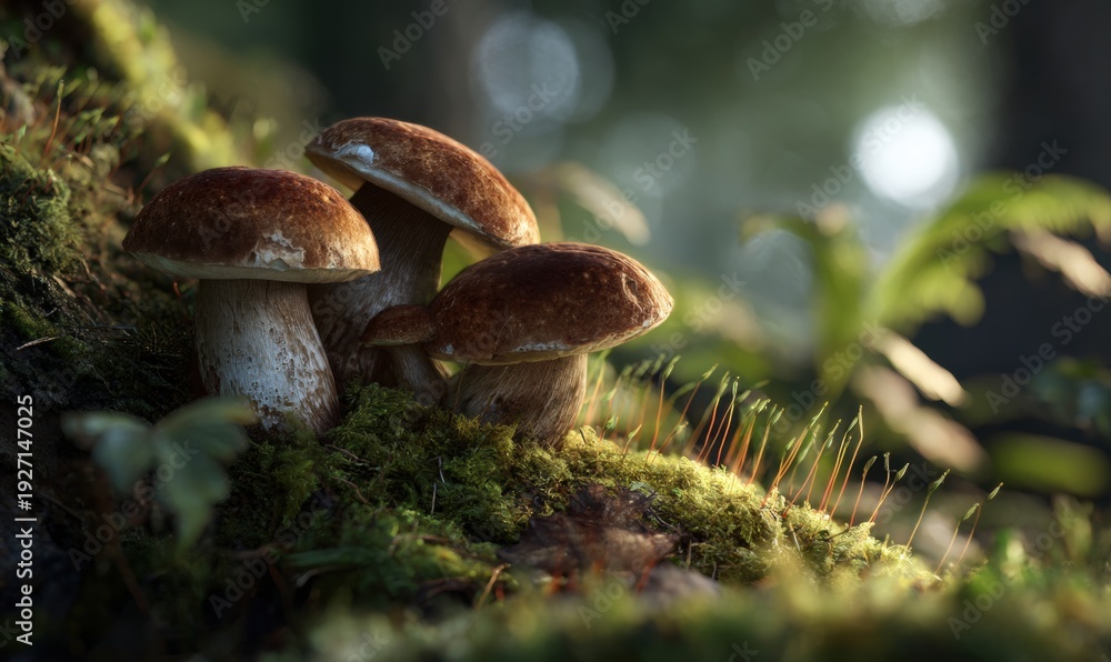 Fototapeta premium Three mushrooms are on a mossy log