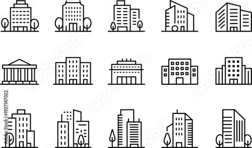 Minimalist architecture building icons set, office towers, apartments, skyscrapers, institutional structures, urban planning, cityscape, design illustration