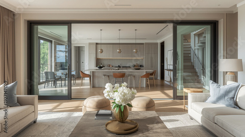 Beautiful open-plan living room with contemporary furniture and a bouquet of white flowers