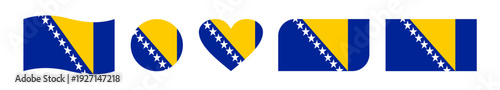 Set of five creative Bosnia and Herzegovina flag vector designs featuring wavy, circular, heart-shaped, rounded-corner, and rectangular styles, symbolizing national pride and patriotic celebration