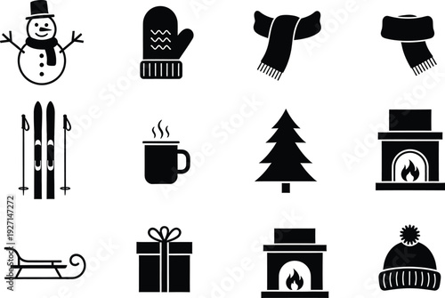 Collection of black and white winter icons including a snowman, mitten, scarf, and fireplace.