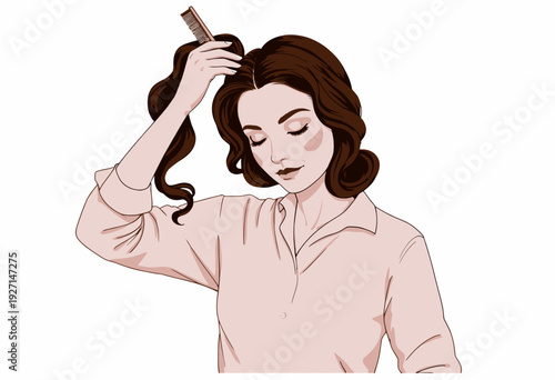 Illustration of a woman combing her long wavy brown hair, showcasing self-care and grooming, depicted in a soft pastel color palette for a serene ambiance