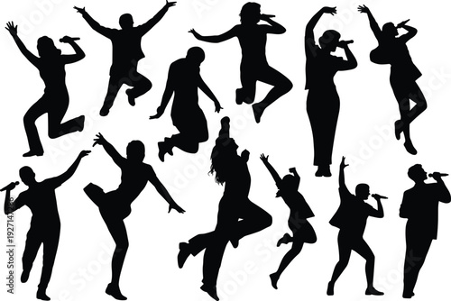 Singing silhouettes, dancing figures, microphone poses, performance artwork, celebration scene, expressive motion, music design, entertainment vector, creative illustration, party theme