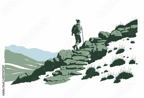 Illustration of a Determined Hiker Ascending a Rocky Mountain Trail with a Backpack Against a Backdrop of Distant Rolling Hills and Clear Sky
