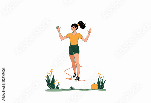 Illustration of a Woman with Ponytail Engaging in Outdoor Exercise by Skipping Rope Surrounded by Autumn Foliage and Seasonal Decor