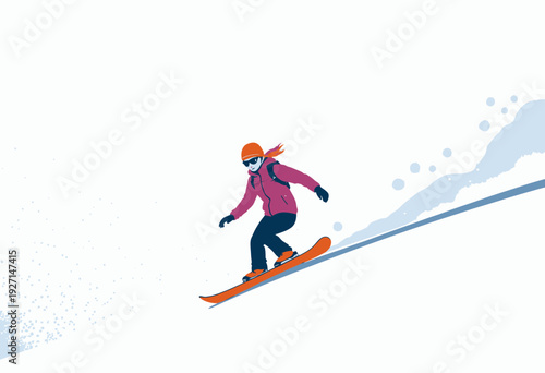 Illustration of a Snowboarder Gliding Down a Steep Snow-Covered Slope in a Vibrant Winter Landscape, Capturing the Thrill of Snowboarding Adventure in a Cold Environment