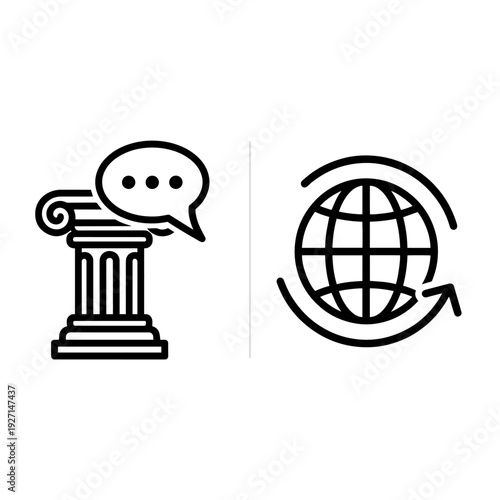 Minimalist political science icons representing government, democracy, and global relations