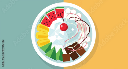 A delightful fruit salad and sweet treats platter, beautifully arranged in a white bowl with a sparkling ice center, perfect for a healthy and decadent dessert or snack