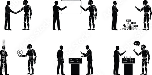 Silhouetted business man interacting with humanoid robot for artificial intelligence collaboration technology innovation industrial automation and future human machine partnership success
