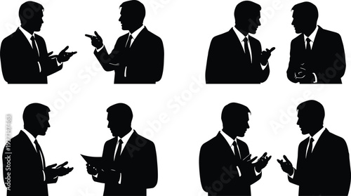 Silhouette of Two Professional Businessmen in Suits Having Active Discussion Debate and Conversation While Standing During a Corporate Meeting or Formal Office Networking Event