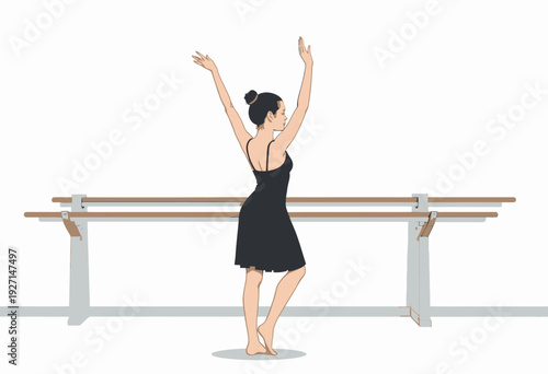 Illustration of a Woman in Ballet Attire Practicing Graceful Dance Poses at the Barre in a Minimalist Dance Studio Setting with Soft Lighting