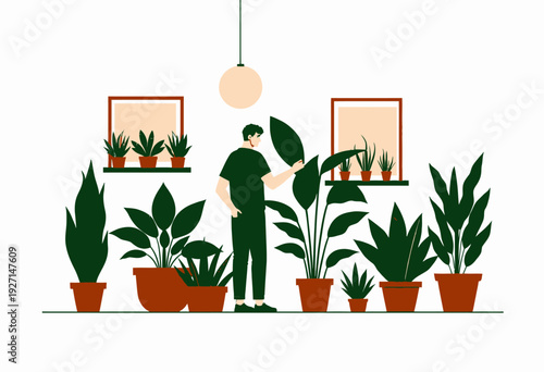 Indoor gardening enthusiast surrounded by lush green houseplants in stylish terracotta pots, creating a vibrant and serene home oasis with natural light accents