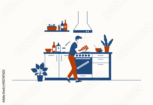 Illustration of a person cooking and following a recipe in a modern kitchen with plants, utensils, and ingredients, surrounded by a comfortable and cozy atmosphere
