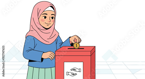 Thoughtful young girl performing an act of generosity, placing a coin into a charity box, symbolizing community giving and financial contribution for good causes