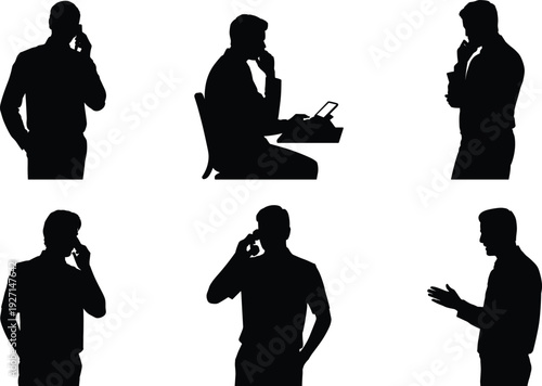 Silhouette of Professional Businessman Working on Tablet Computer Talking on Mobile Phone and Thinking during Busy Corporate Office Workday with various Communication and Technology Gestures