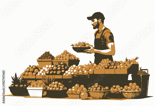 Vibrant Display of Fresh Fruits at a Market Stall Featuring Various Citrus and Tropical Selections with a Vendor Arranging the Produce on a Sunny Day