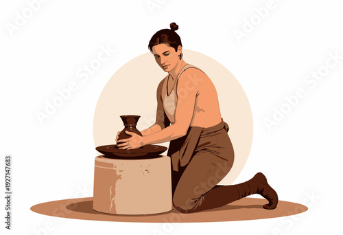 Skilled Potter Focuses Intensely While Crafting Unique Ceramic Vase on Pottery Wheel with Precision and Expertise in Calm Art Studio Environment