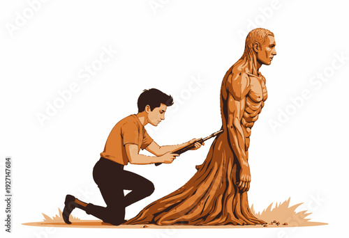 Young artist skillfully carving a human figure out of tree trunk showcasing creativity and talent in transforming natural wood into realistic lifelike sculpture