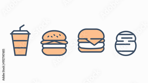 Colorful vector illustration of various food items, including a drink, burgers, and a burger-like structure